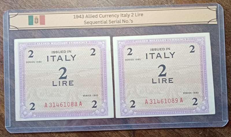 1943 WW2 Italy 2 Lire note set in sequence (Allied Military Currency)