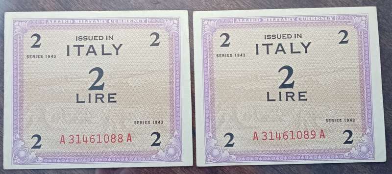 1943 WW2 Italy 2 Lire note set in sequence (Allied Military Currency)