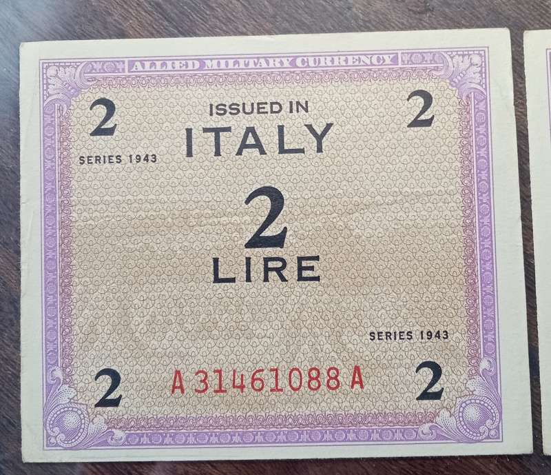 1943 WW2 Italy 2 Lire note set in sequence (Allied Military Currency)
