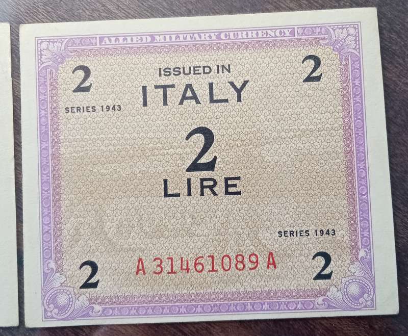 1943 WW2 Italy 2 Lire note set in sequence (Allied Military Currency)