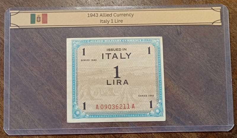 1943 WW2 Italy 1/5/10 Lire note set in plasic sleeve (Allied Military Currency)