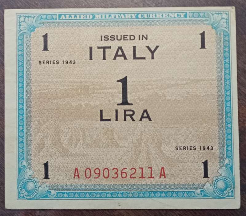 1943 WW2 Italy 1/5/10 Lire note set in plasic sleeve (Allied Military Currency)