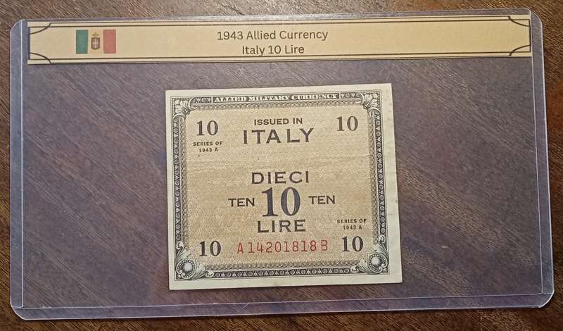 1943 WW2 Italy 1/5/10 Lire note set in plasic sleeve (Allied Military Currency)