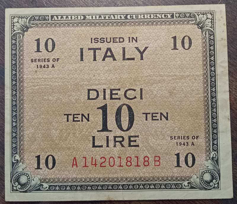 1943 WW2 Italy 1/5/10 Lire note set in plasic sleeve (Allied Military Currency)