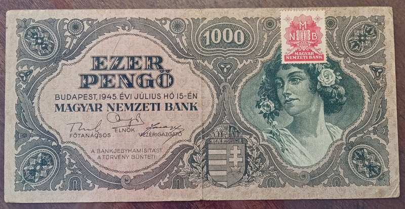1945 WW2 Hungary 1000 Pengő note in hard plastic sleeve