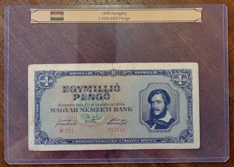 1945 Hungary 1 million Pengő note in hard plastic sleeve