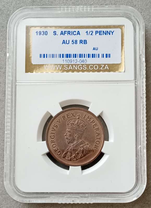 High grade 1930 union 1/2 Penny SANGS AU58 RB