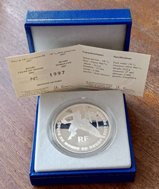 Scarcer 2007 France proof silver 1 1/2 Euro in box incl. certificate (Rugby World Cup)