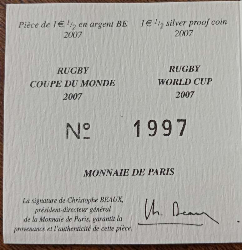 Scarcer 2007 France proof silver 1 1/2 Euro in box incl. certificate (Rugby World Cup)