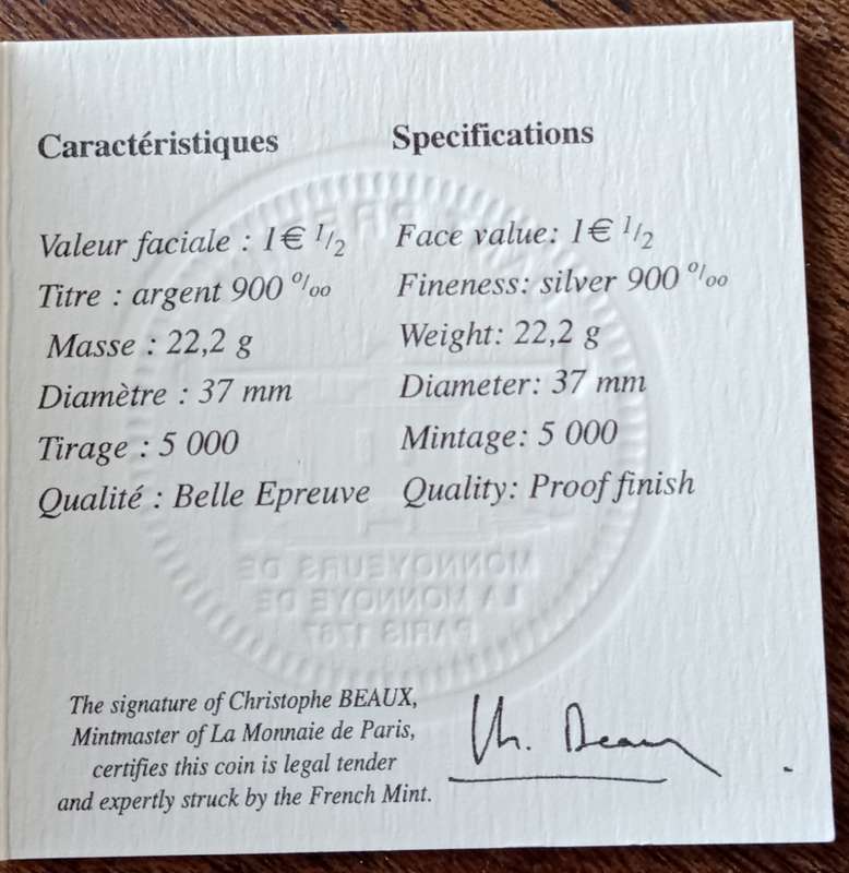 Scarcer 2007 France proof silver 1 1/2 Euro in box incl. certificate (Rugby World Cup)