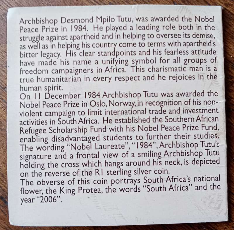Scarcer 2006 Desmond Tutu unc silver R1 in bag with c.o.a (mintage: 390)