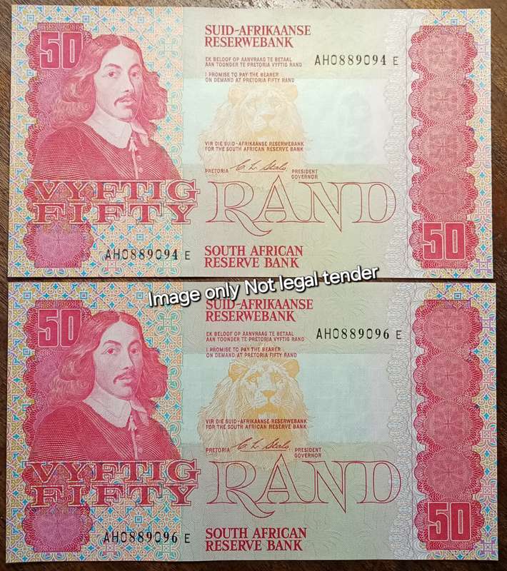 Set of x2 1990 CL Stals R50 notes in crisp AU+ with close serials
