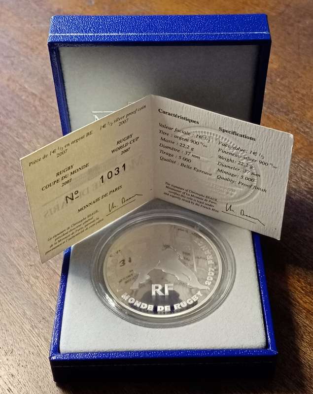 2007 France proof silver 1 1/2 Euro in box incl certificate (Rugby World Cup) - low mintage