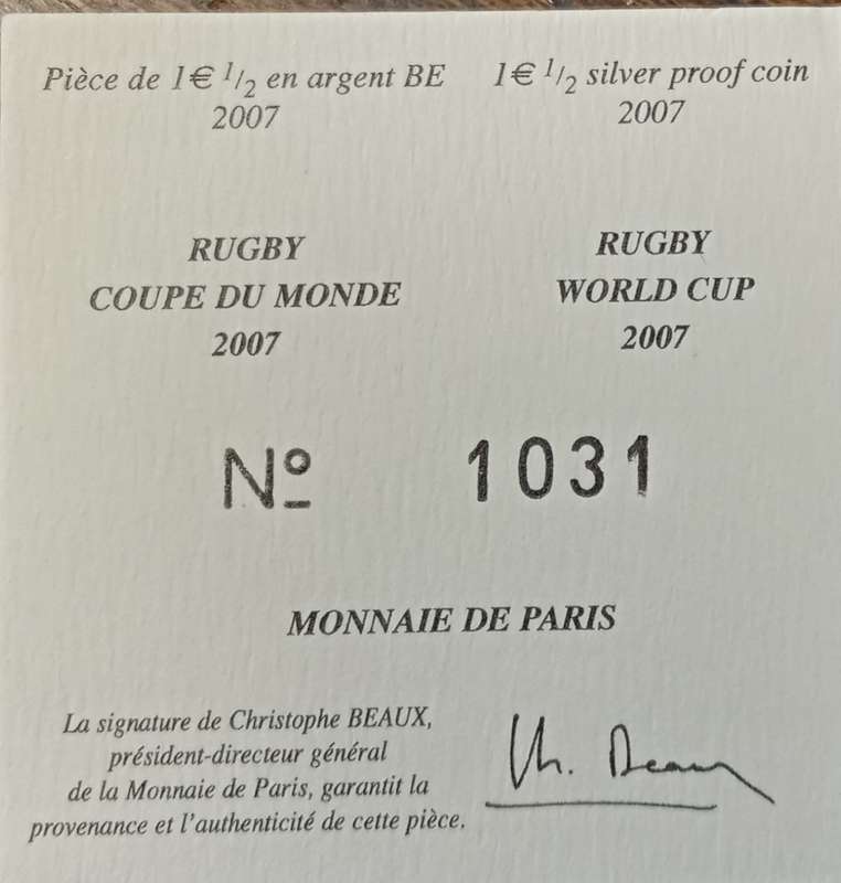 2007 France proof silver 1 1/2 Euro in box incl certificate (Rugby World Cup) - low mintage