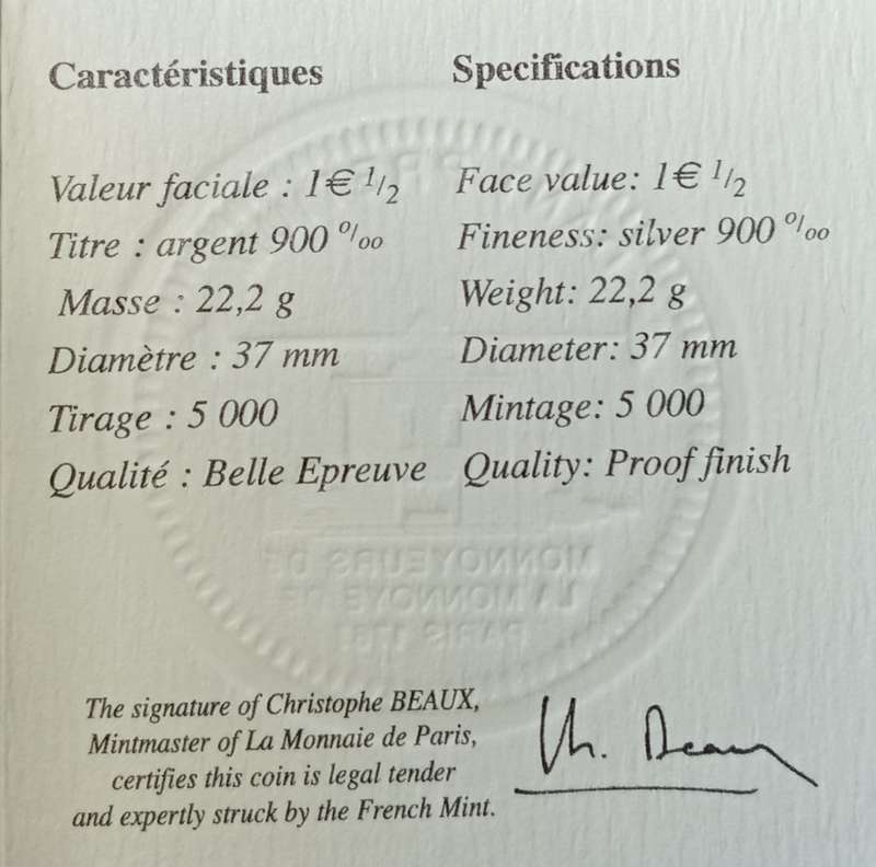 2007 France proof silver 1 1/2 Euro in box incl certificate (Rugby World Cup) - low mintage