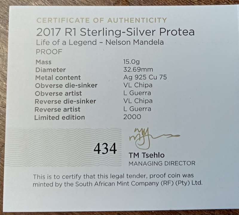 2017 Mandela proof silver R1 in box incl.certificate - Freedom Charter