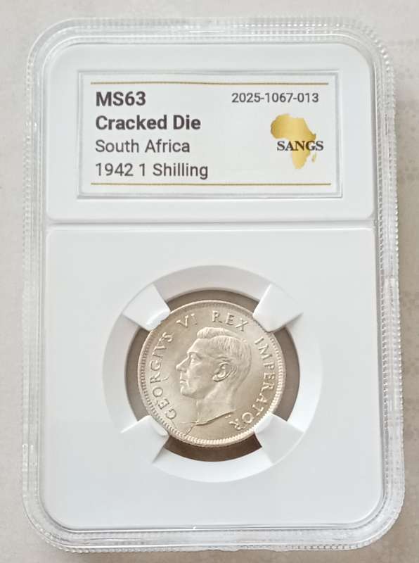 Nice 1942 union silver shilling SANGS MS63 (Cracked Die)