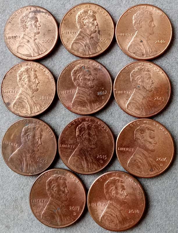 Lot of x11 Lincoln 1c coins (2000-2018)