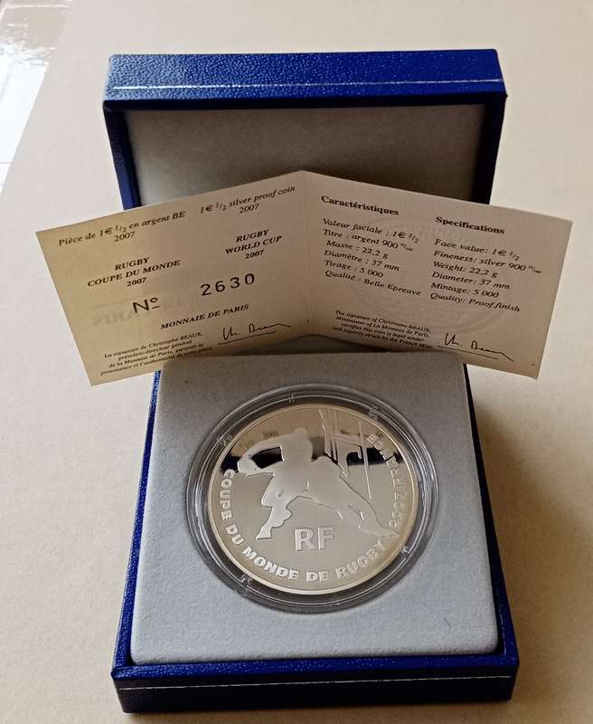 Scarcer 2007 France proof silver 1 1/2 Euro in box with certificate (Rugby World Cup) .