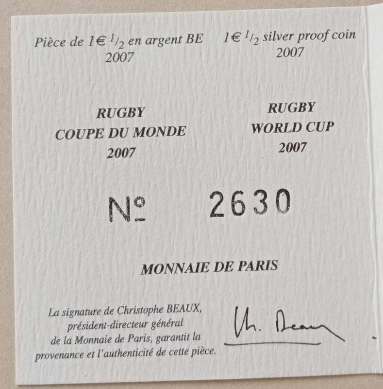 Scarcer 2007 France proof silver 1 1/2 Euro in box with certificate (Rugby World Cup) .