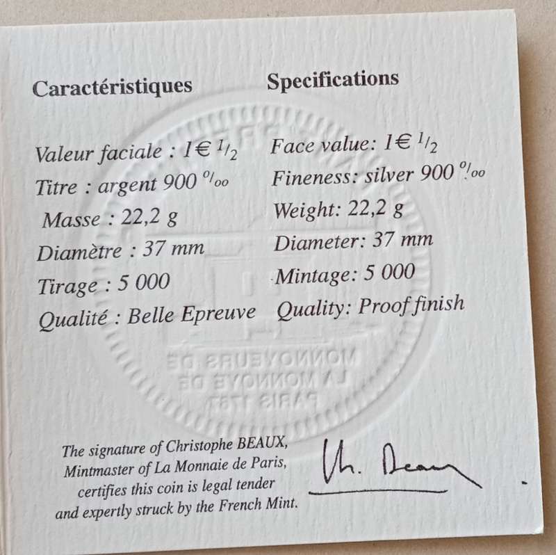 Scarcer 2007 France proof silver 1 1/2 Euro in box with certificate (Rugby World Cup) .