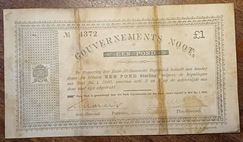 1900 ZAR Pretoria 1 pond Gouvernements note