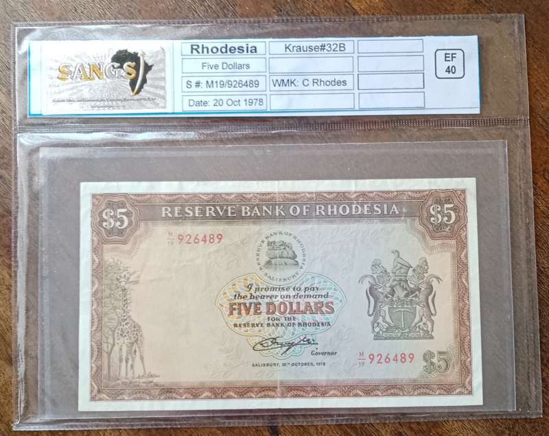 1978 Rhodesia $5 SANGS graded EF40 (Extremely Fine)