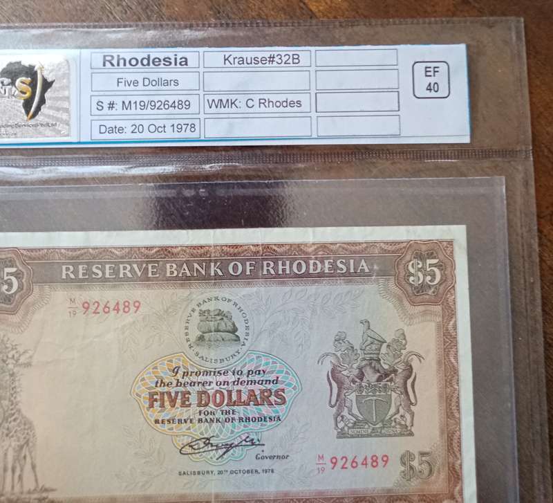 1978 Rhodesia $5 SANGS graded EF40 (Extremely Fine)