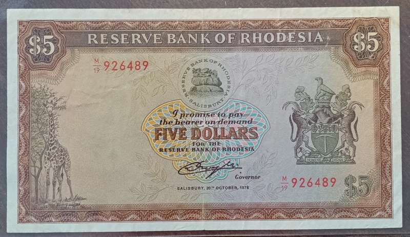 1978 Rhodesia $5 SANGS graded EF40 (Extremely Fine)