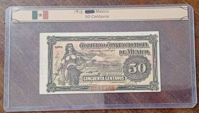 Decent 1915 WW1 Mexico 50 Centavos note in hard plastic sleeve