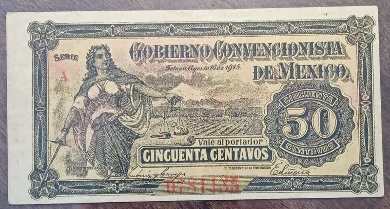Decent 1915 WW1 Mexico 50 Centavos note in hard plastic sleeve