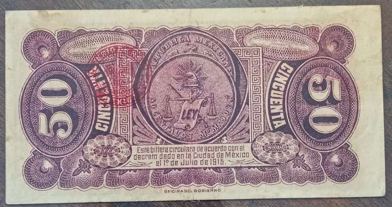 Decent 1915 WW1 Mexico 50 Centavos note in hard plastic sleeve