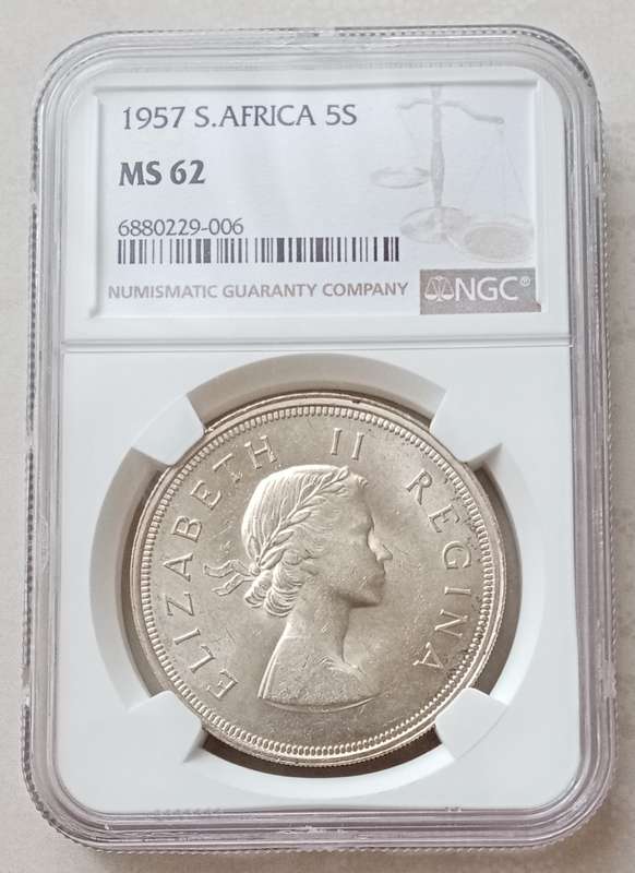 1957 Union silver 5 Shillings NGC graded MS62.