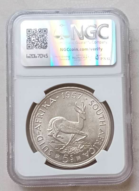 1957 Union silver 5 Shillings NGC graded MS62.