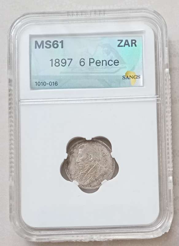 1897 ZAR Kruger silver sixpence SANGS graded MS61