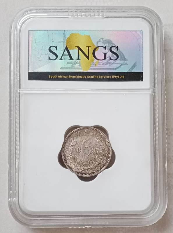 1897 ZAR Kruger silver sixpence SANGS graded MS61