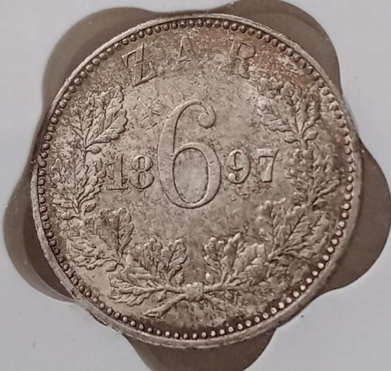 1897 ZAR Kruger silver sixpence SANGS graded MS61