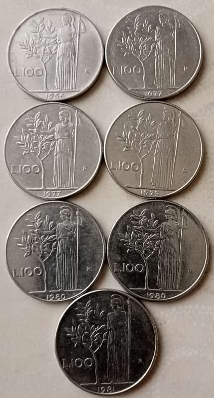 Lot of x7 Italy 100 Lire coins (1956-1981)
