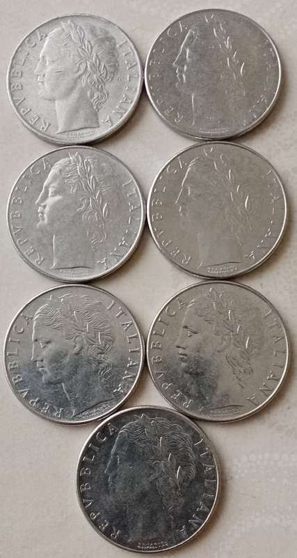 Lot of x7 Italy 100 Lire coins (1956-1981)