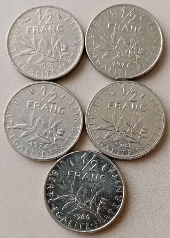 1965/76x2/83/86 France 1/2 Franc set