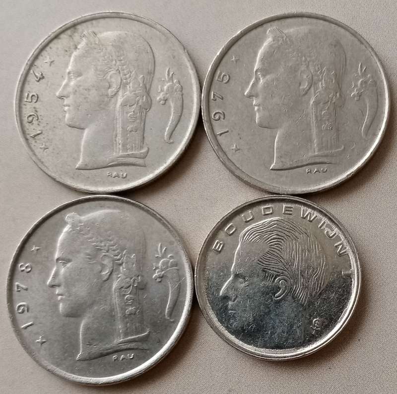 1954/1975/1978/1991 Belgium 1 Franc set