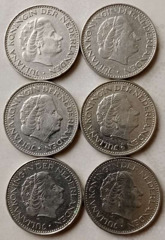 Lot of x6 Netherlands 1 Gulden coins