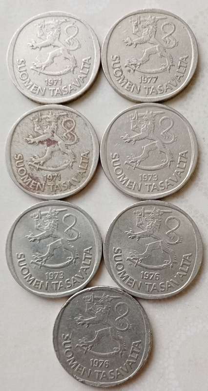 Lot of x7 Finland 1 Markka coins (1971-1977)
