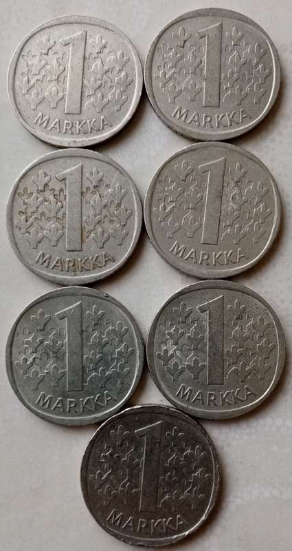 Lot of x7 Finland 1 Markka coins (1971-1977)