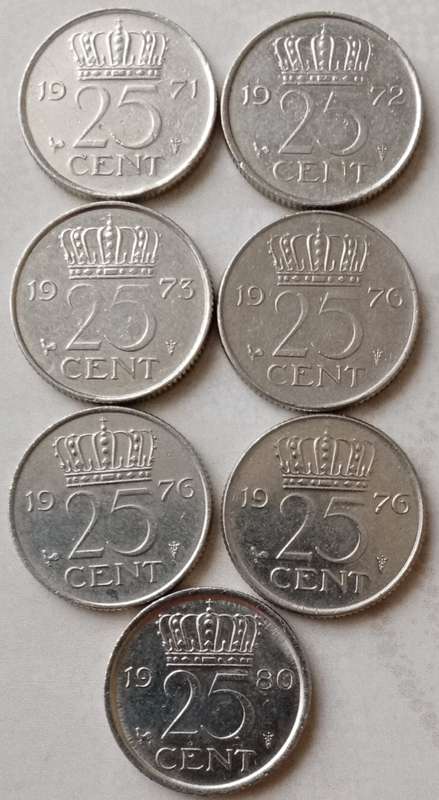 Lot of x7 Netherlands 25c coins (1971-1980)