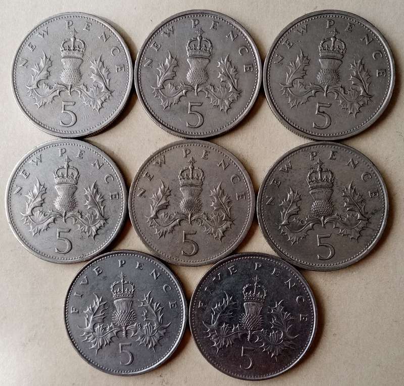 Lot of x8 British 5 New Pence coins (1969-1989)