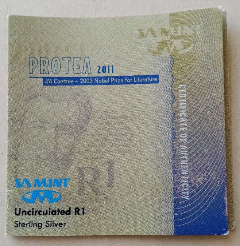 2011 J.M Coetzee uncirculated silver R1 in bag with certificate (mintage: 5057)