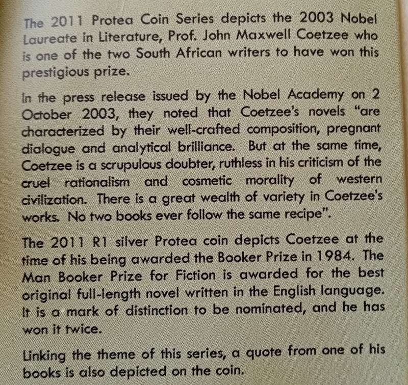 2011 J.M Coetzee uncirculated silver R1 in bag with certificate (mintage: 5057)