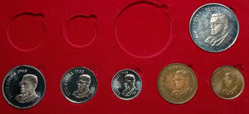 Partial 1968 proof set in red box (50c-1c) `Pres.Swart`.