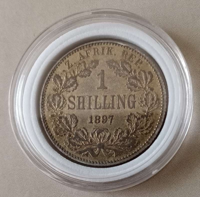 Encapsulated 1897 ZAR Kruger silver shilling in vf+